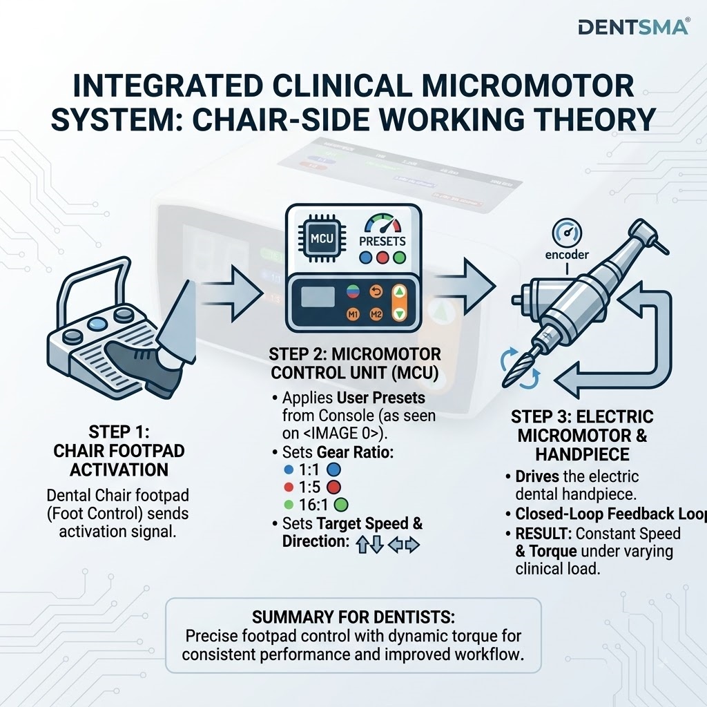 Electric clinical motor speed control integrated with dental chair footpad