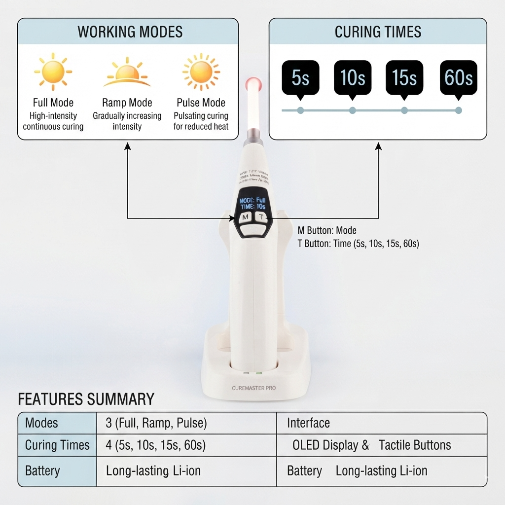 curing light features on working model and li-ion battery