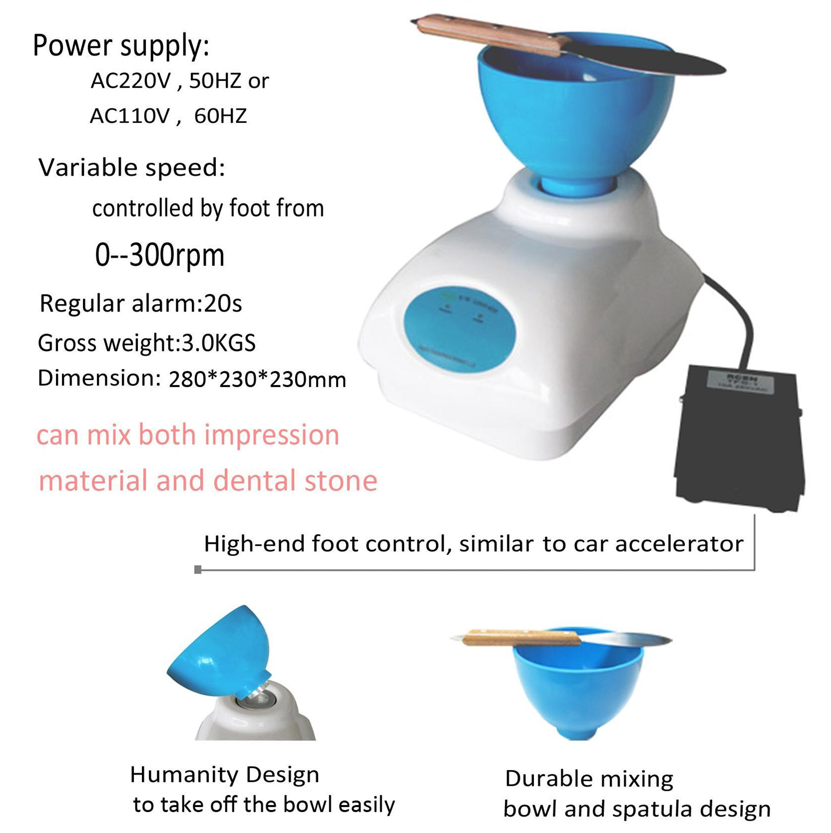 Alginate Impression Material Mixer Bowl - Dental Lab Equipment 110V Variable Speed