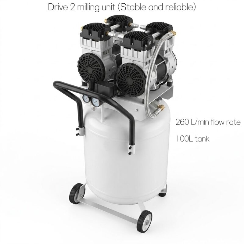 Dental Lab Air Compressor 100L | 260L/min | Oil-Free | Drives 3 Mills ...